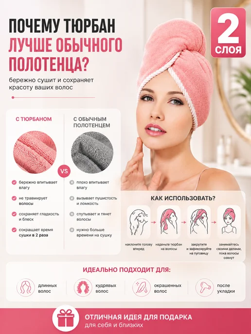 Фото товара 25801, двухслойная чалма для сушки волос, полотенце для волос